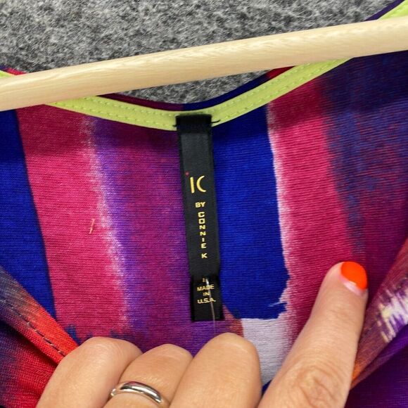 New IC Blouse Women L Large Blue Geometric Cold Shoulder 3/4 Sleeve Round Neck - Picture 5 of 10